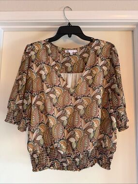 DR2 Multicolor Leaf Print Short Sleeve Blouse